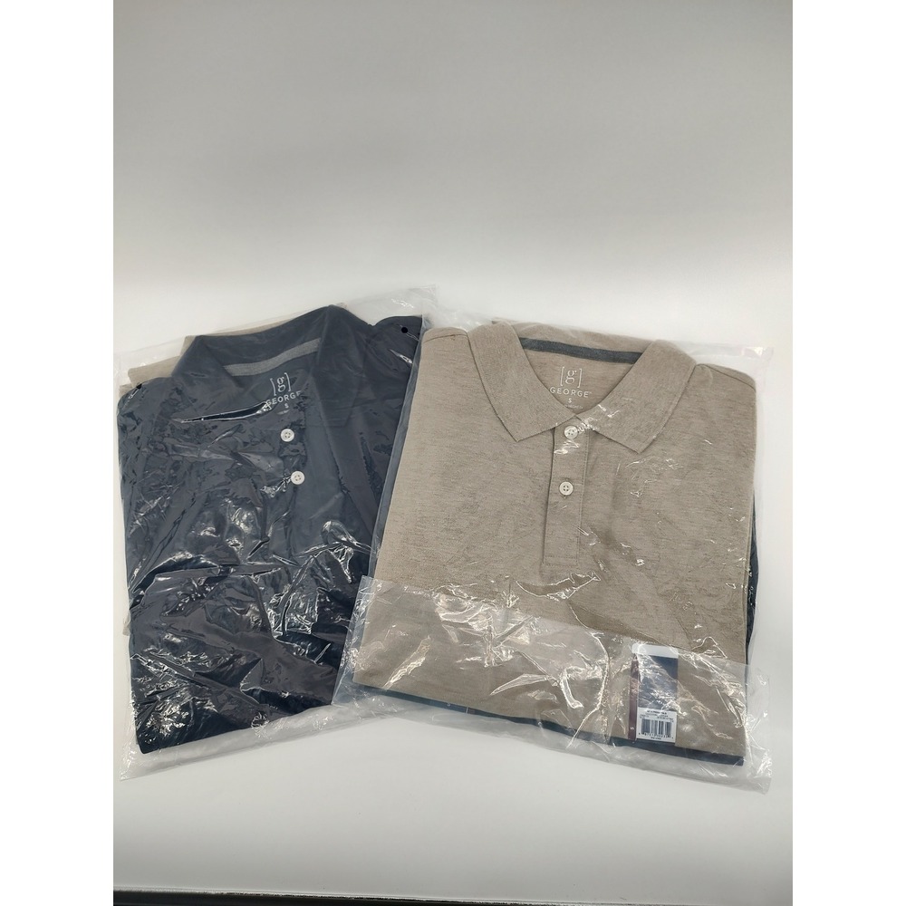 George Mens SS Pique Polo Shirt Bundle 2pk Navy Sandstorm Heather Small NEW